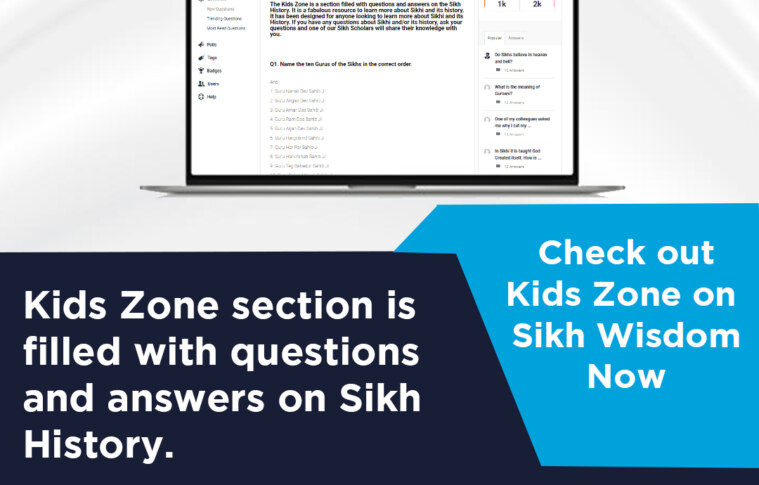 Kids Zone section is filled with questions and answers on Sikh History.